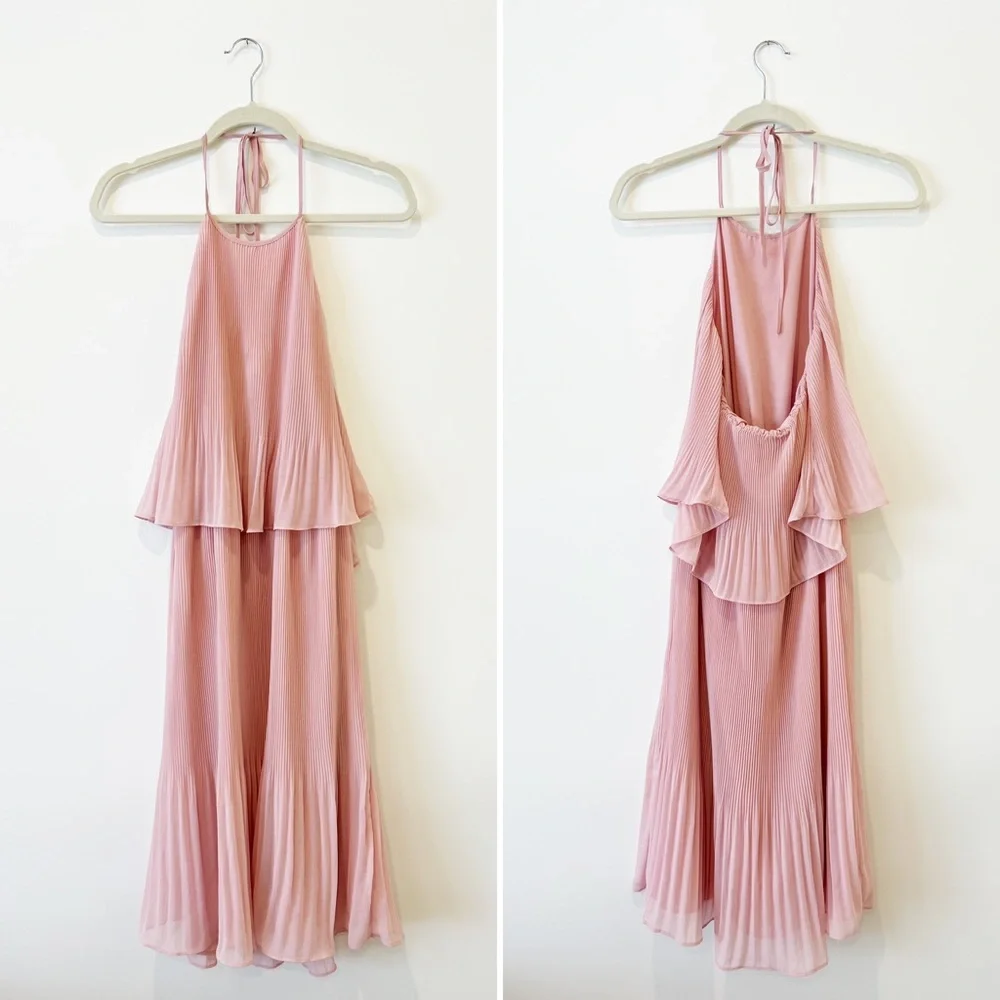 Halston Heritage Pleated Blouson Layered Halter Neck Backless Midi Party Dress 6 - Picture 2 of 4